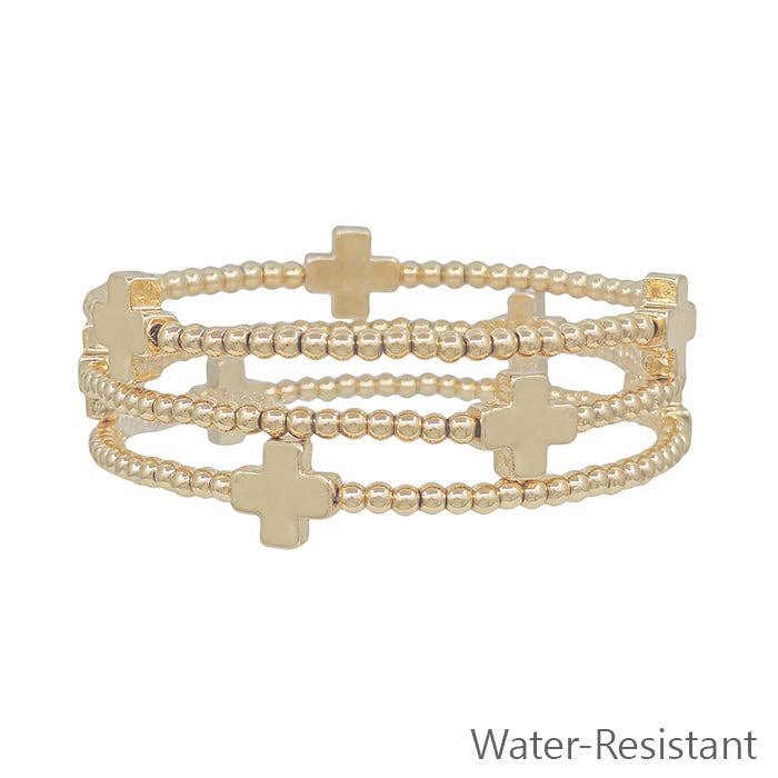 Bracelet Water Resistant Gold Set of 3 3mm Beaded with Gold Cross Stretch